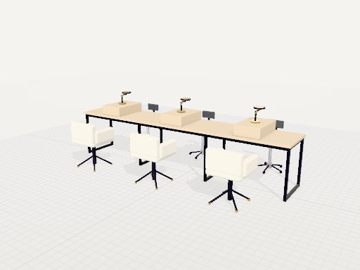 Parametric 3D model generated from the floor plan: three-bay salon reception counter with organizer pods, task lamps, technician stools, and client chairs