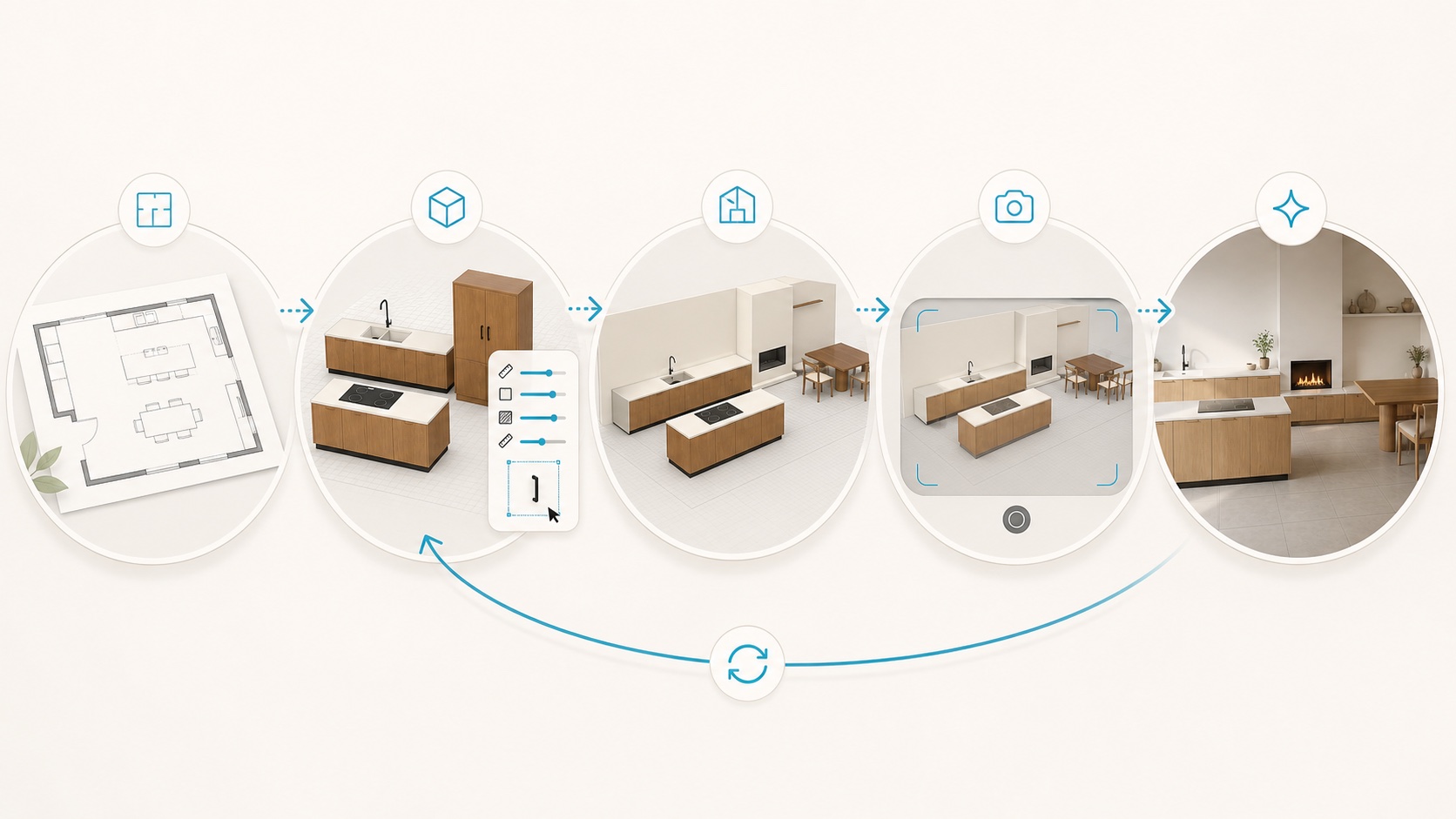 Illustrated workflow loop from AutoCAD floor plan to Prompt2CAD model, SketchUp context, 3D screenshot, AI render, and back to model edits